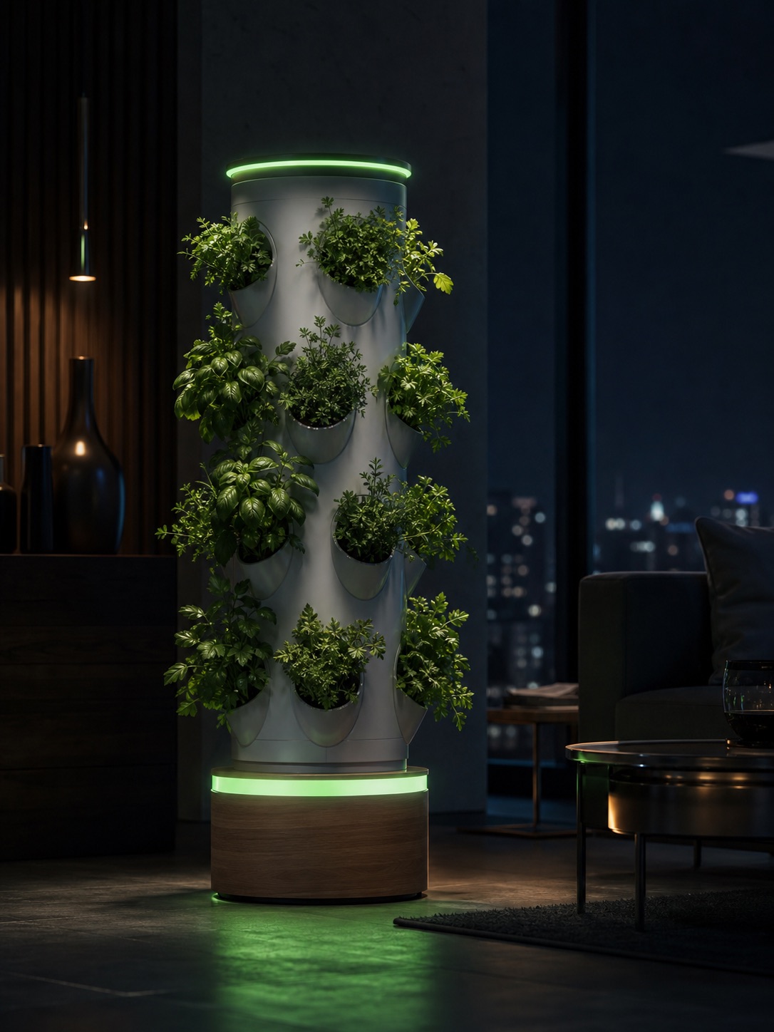 SmartGrow tower glowing at night