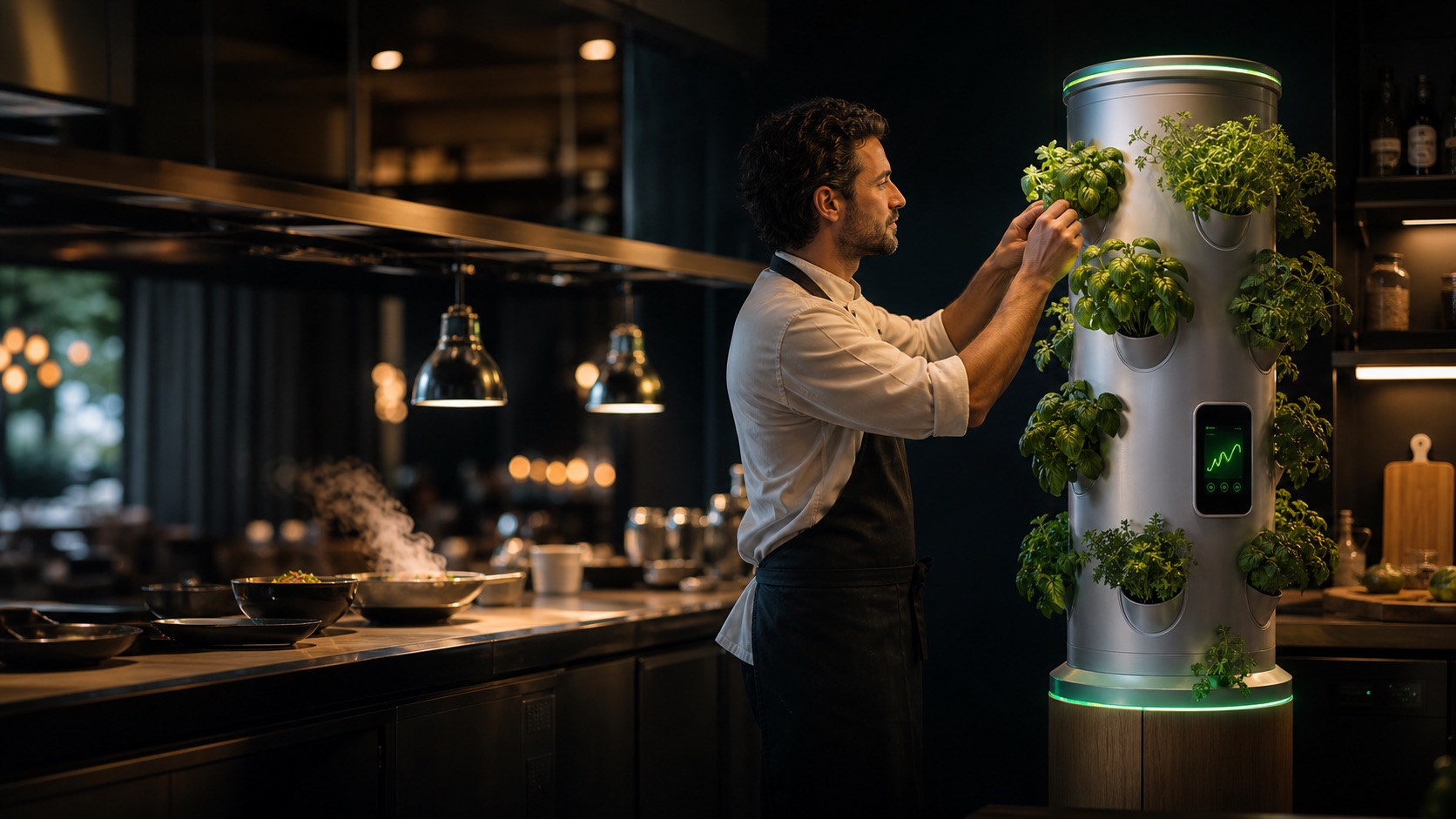 Chef picking fresh basil from a SmartGrow tower