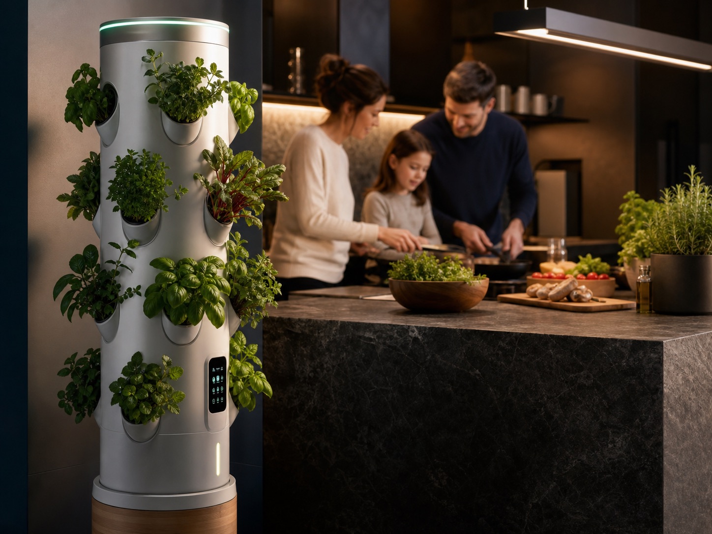 SmartGrow tower in a modern home kitchen