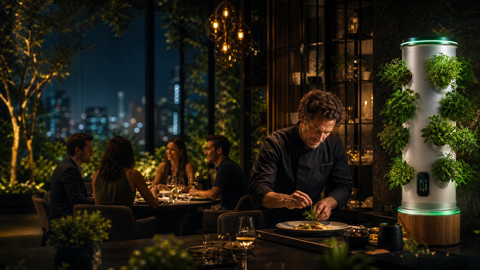 A SmartGrow hydroponic tower with fresh herbs in an elegant restaurant setting