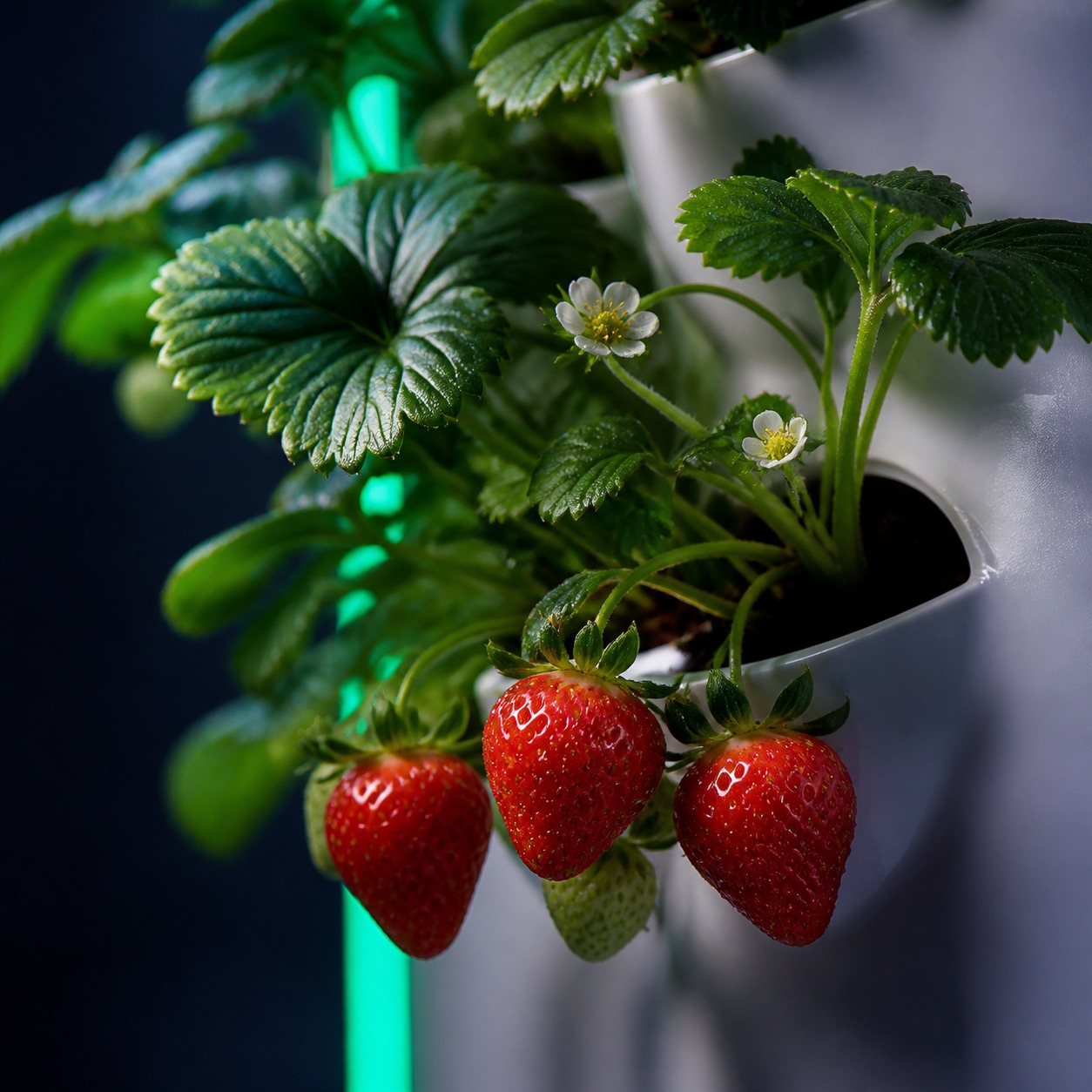 Hydroponic strawberry plant with ripe berries