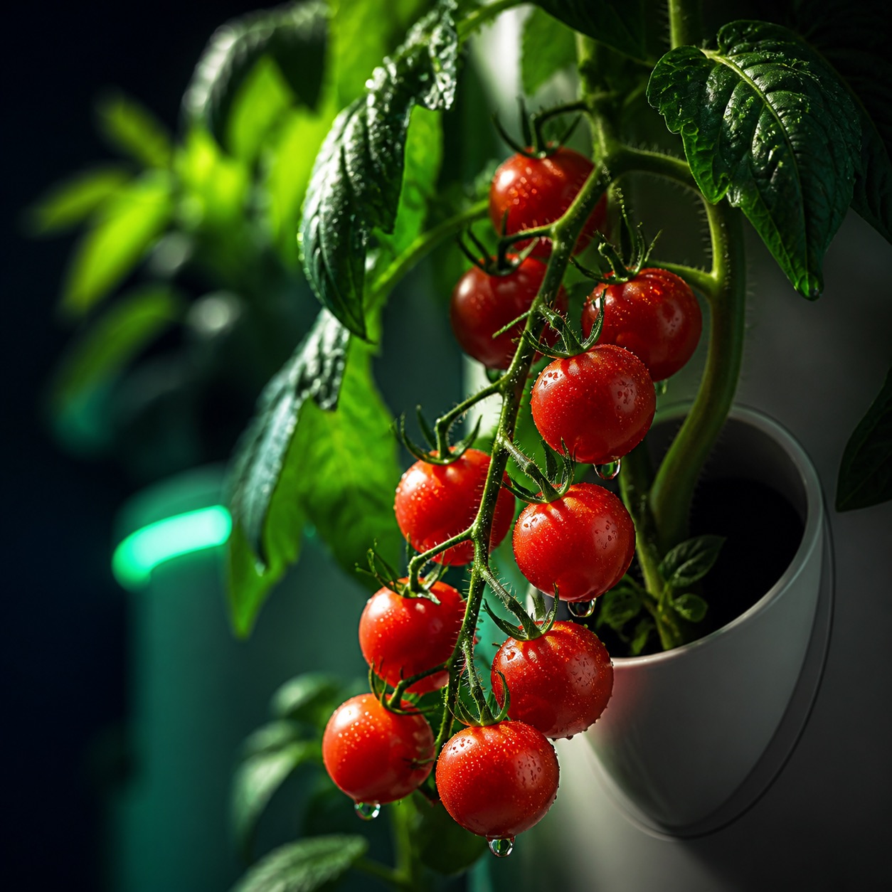 Hydroponic cherry tomatoes on the vine